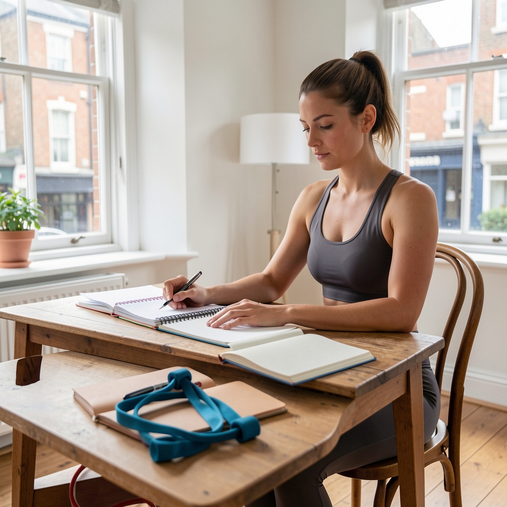Person in activewear sitting at a wooden desk with open notebooks and a resistance band, working in a bright London flat
