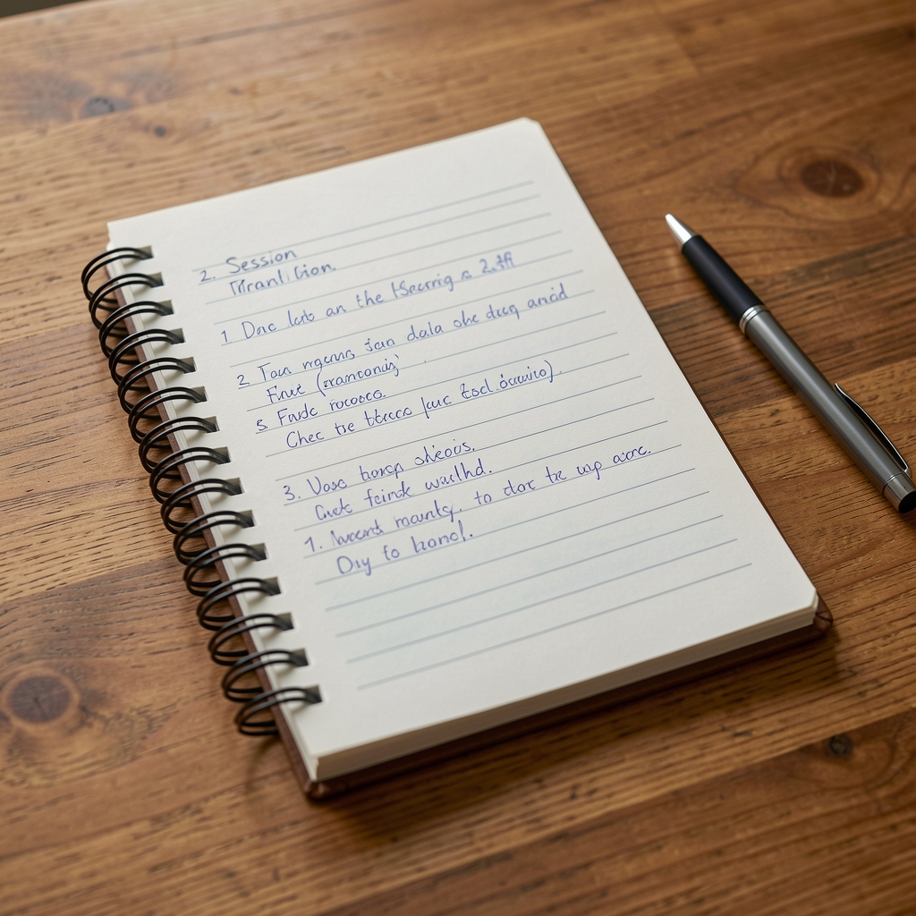 Spiral-bound training journal open on a wooden table with handwritten session notes and a pen beside it