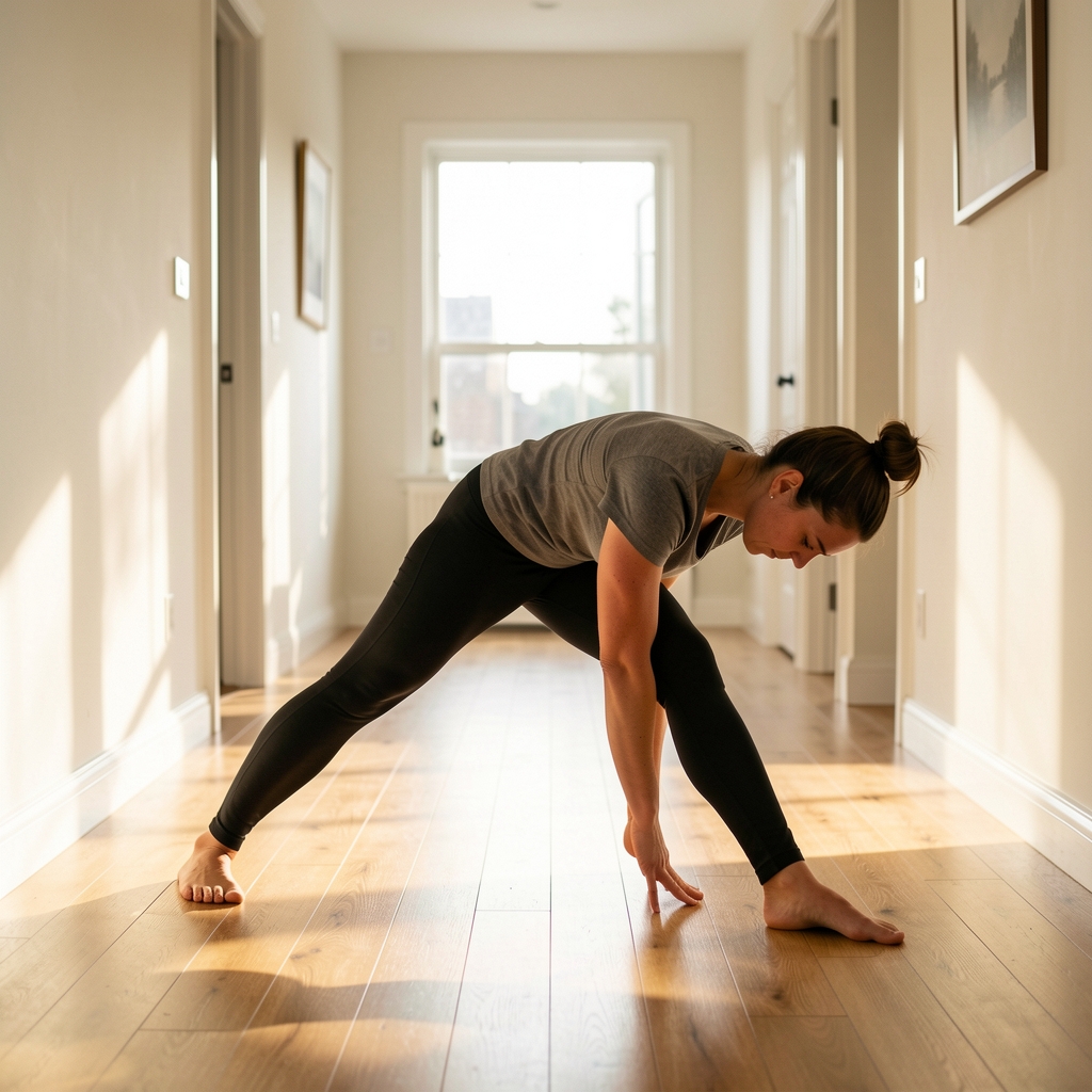 Person performing a deep hip flexor stretch in a bright home corridor with morning sunlight on wooden flooring