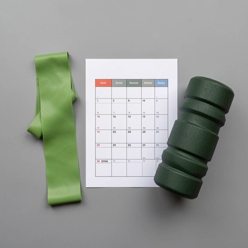 Overhead shot of a green resistance band, foam roller, and printed workout schedule arranged on a clean grey surface