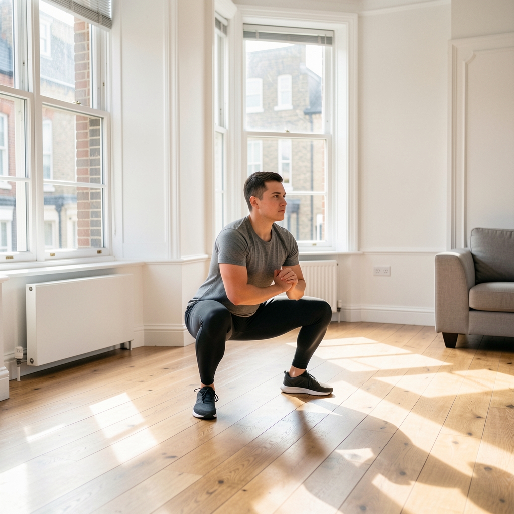 Person performing a bodyweight squat in a bright London flat with wooden floors and large windows