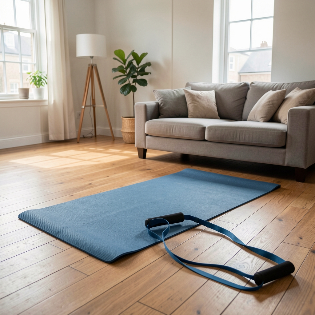 Living room cleared as a workout space with a yoga mat and resistance band laid out on wooden floor