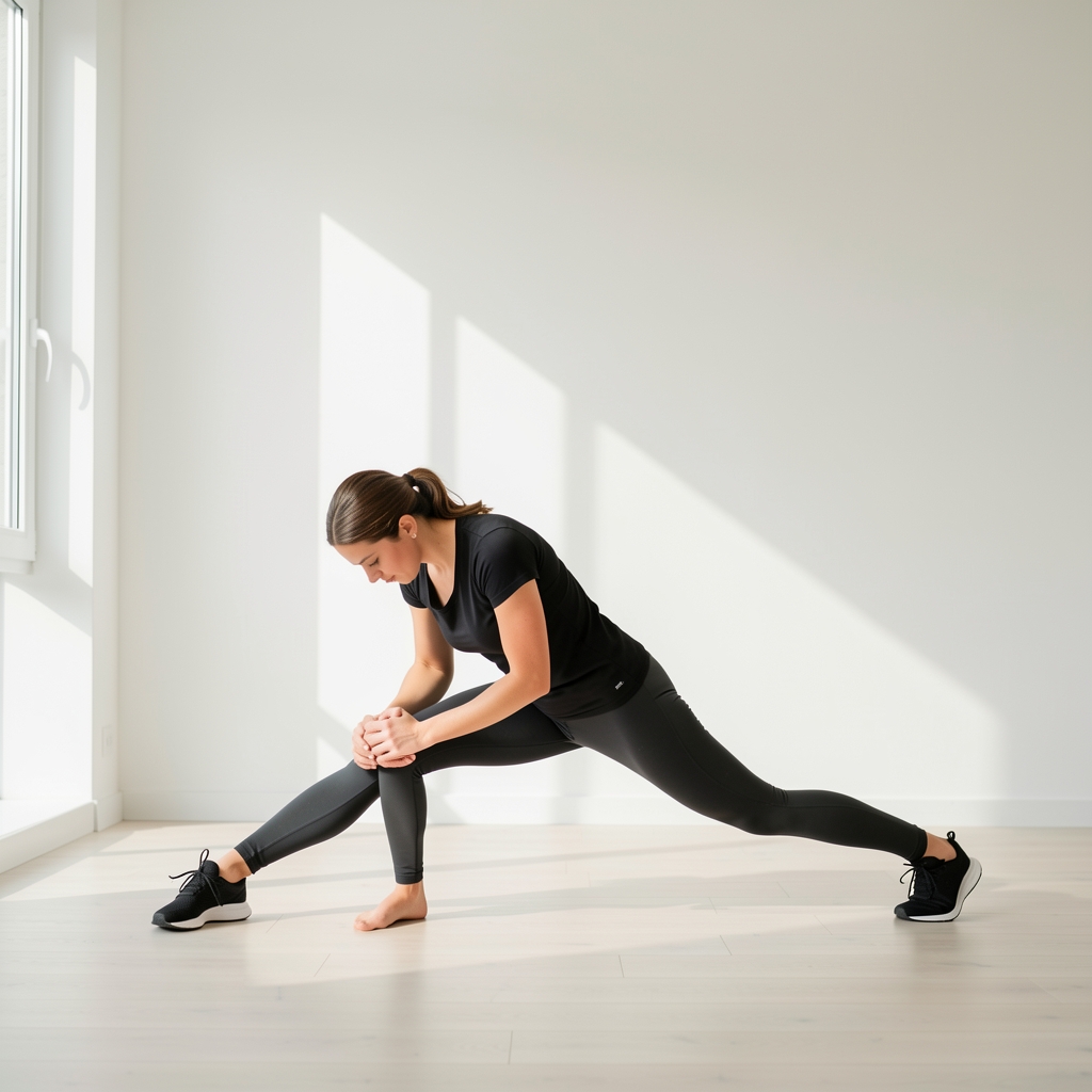Person performing a bodyweight lunge in a minimalist home with white walls and morning light