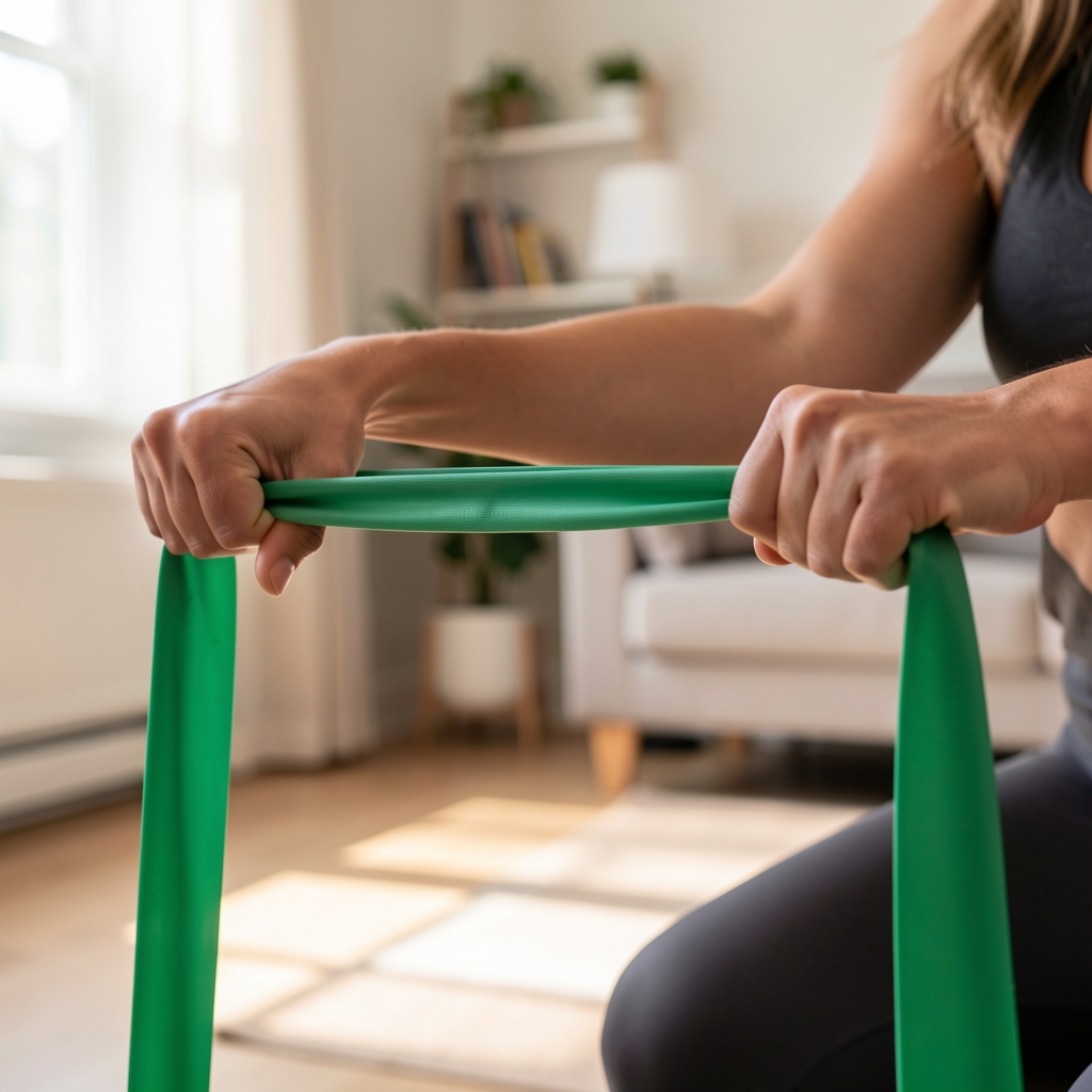 Close-up of hands gripping a green resistance band during a row exercise in a home setting