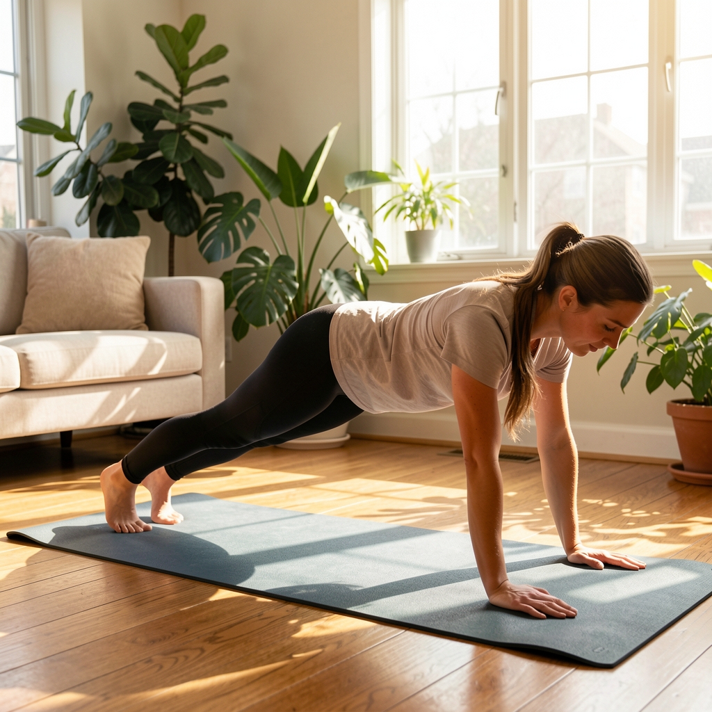 Person in high plank position on a yoga mat in a sunlit living room with plants in background
