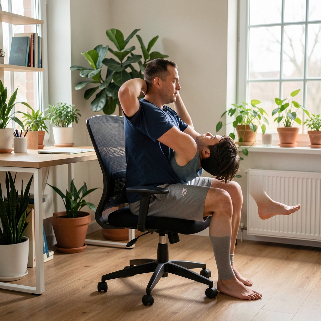 Person performing a seated hip flexor stretch at a desk chair in a home office environment with plants