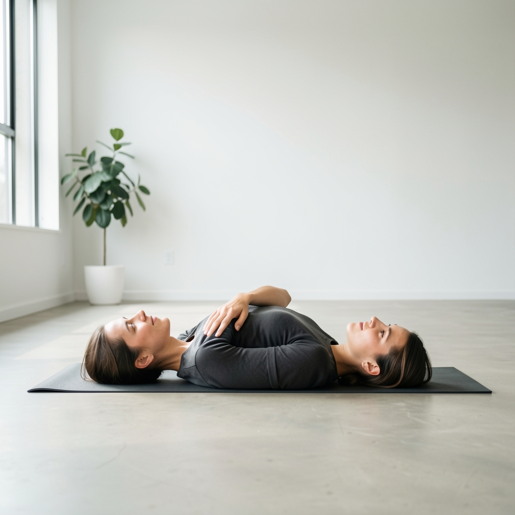 Person lying on their back performing a supine spinal twist stretch on a yoga mat in a bright minimalist room