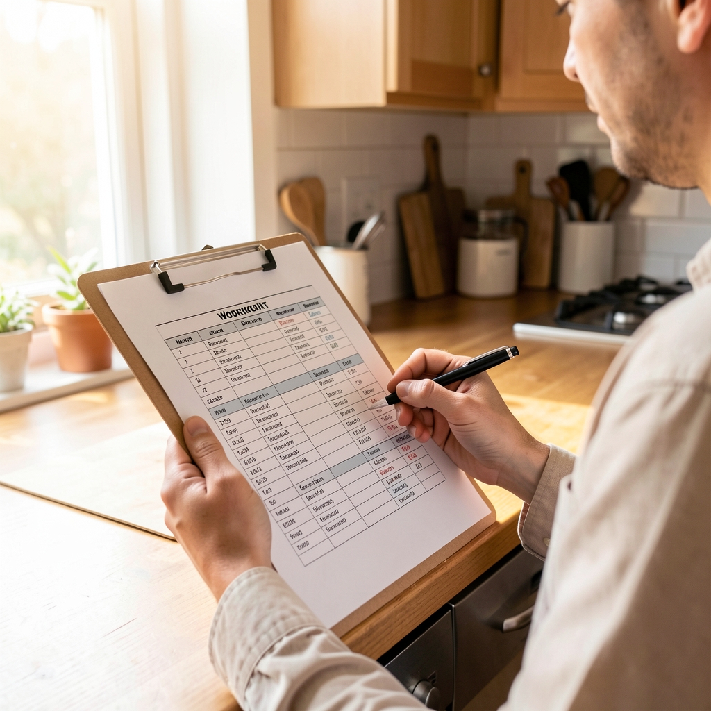 Person reviewing a printed workout schedule on a clipboard in a home kitchen, pen in hand, with morning light